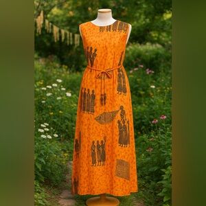 Vtg Pegasus OS Rayon True Wrap Maxi Dress Caftan Orange  African Tribal Festival